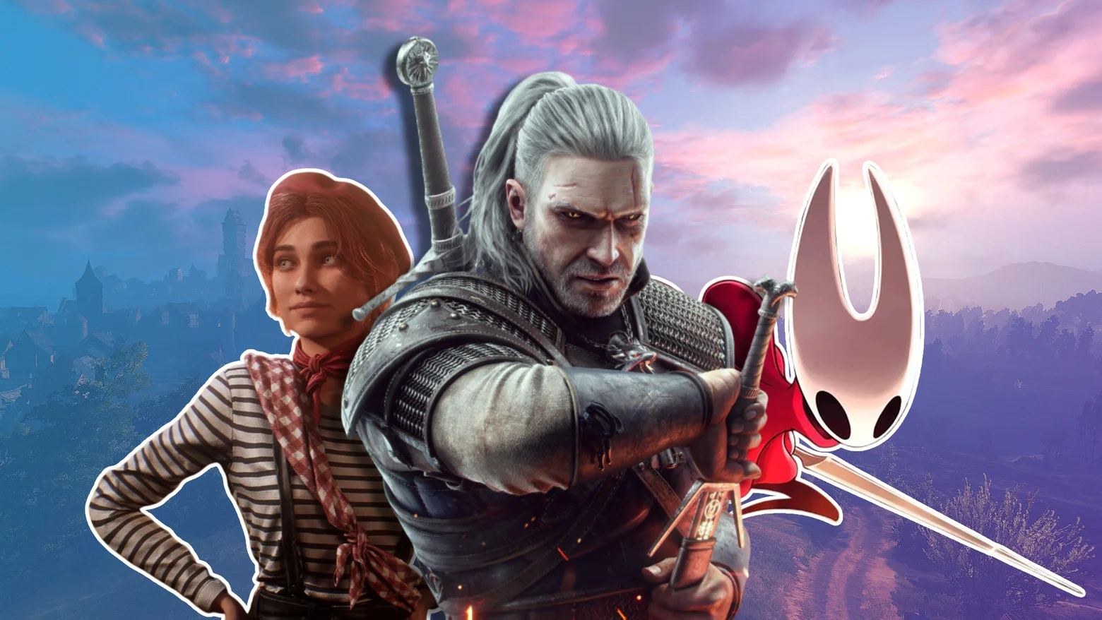 Geralt, protagonista de The Witcher 3, junto a los personajes principales de Expedition 33 y Silksong