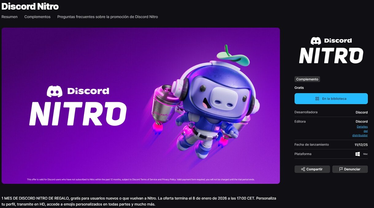 Epic Games no solo regala juegos, también suscripciones: así puedes conseguir un mes de Discord Nitro