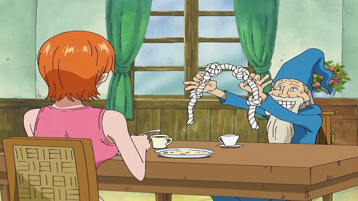 Nami aprendiendo lo que es el Nudo de viento en One Piece