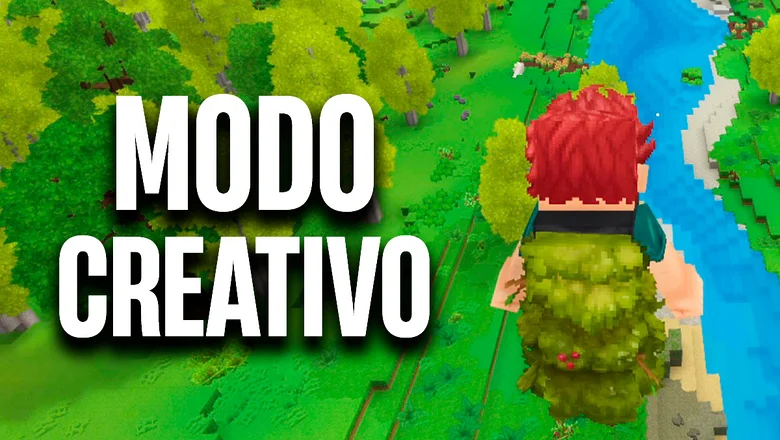 Personaje de Hytale volando junto al texto superpuesto que dice Modo Creativo