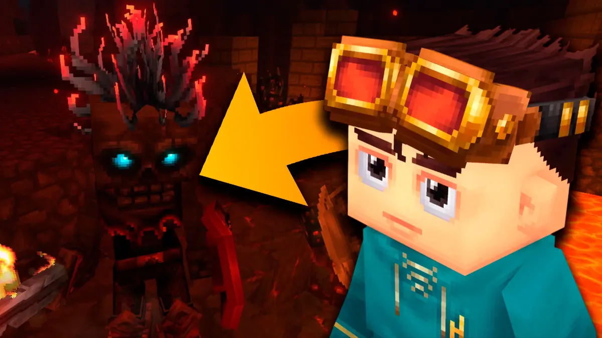 Un personaje de Hytale mirando a un elemental de fuego