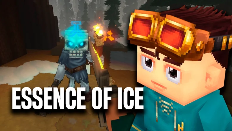 Personaje de Hytale mirando a un esqueleto de hielo con el texto Essence of Life superpuesto