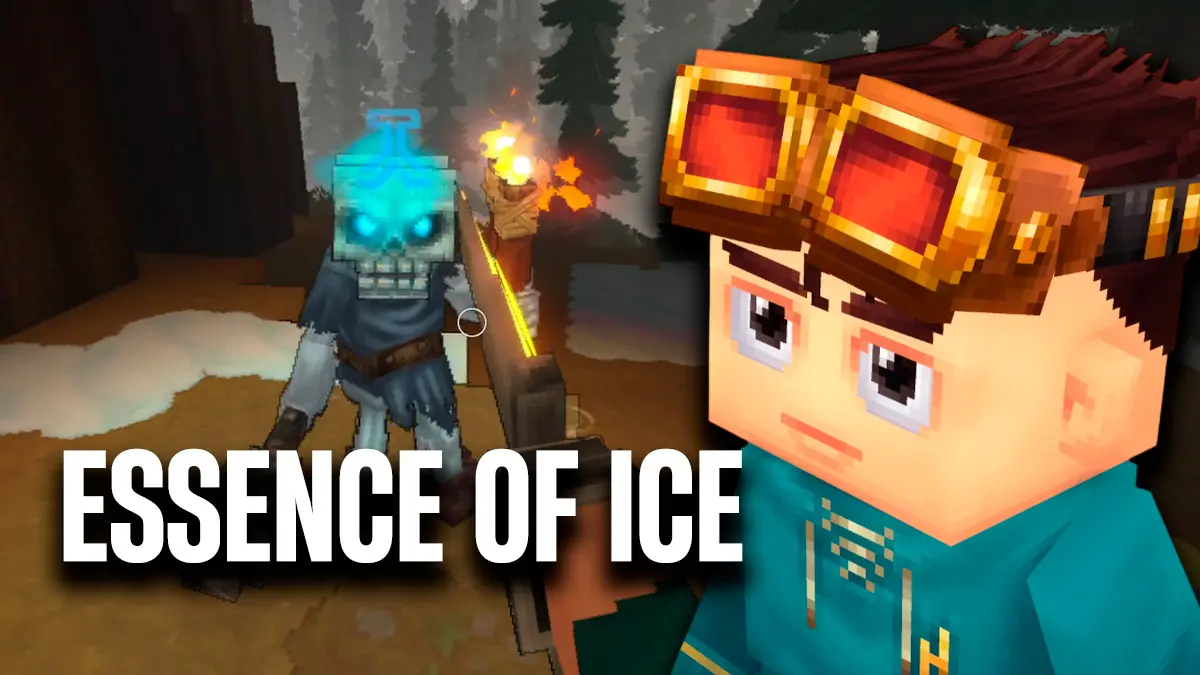 Personaje de Hytale mirando a un esqueleto de hielo con el texto Essence of Life superpuesto