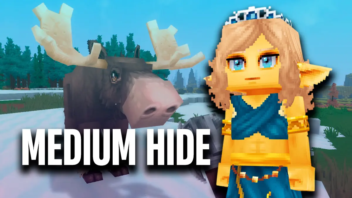 Personaje de Hytale mirando a un alce tras el texto de Medium Hide