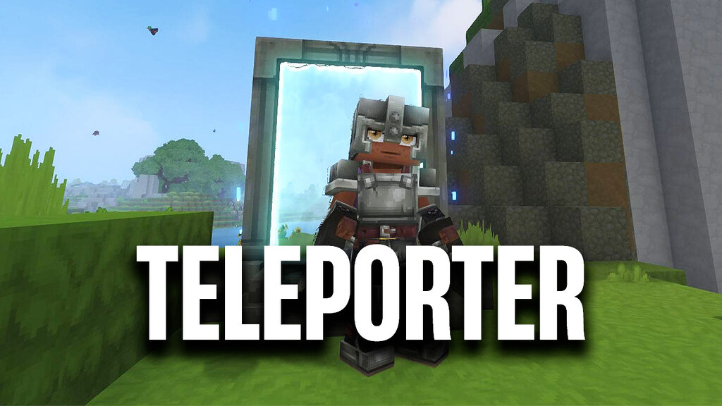 Personaje de Hytale posando delante de un Teleporter