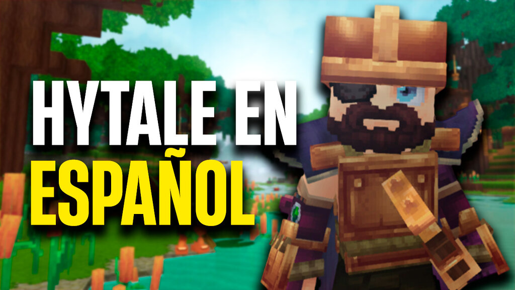 Una imagen con el texto Hytale en español con un personaje del juego junto a él