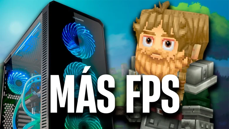 Un personaje de Hytale mirando haca un PC Gaming con el texto Más FPS superpuesto