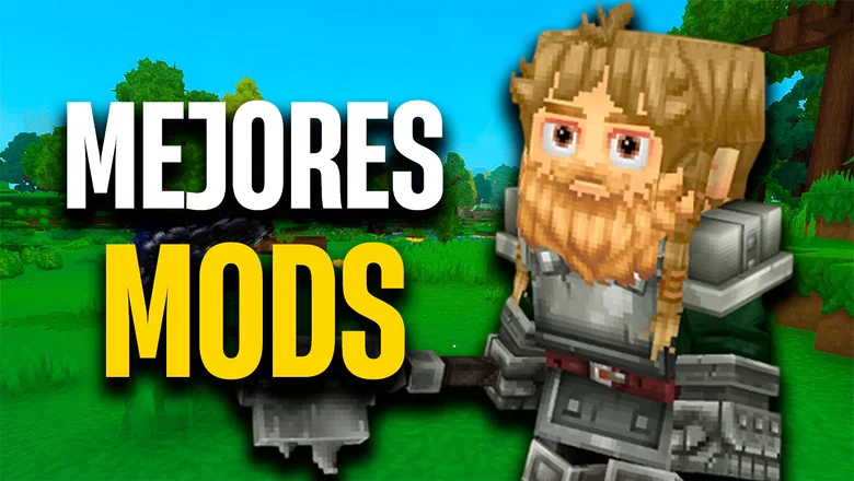 Personaje de Hytale mirando a un texto donde pone Mejores Mods