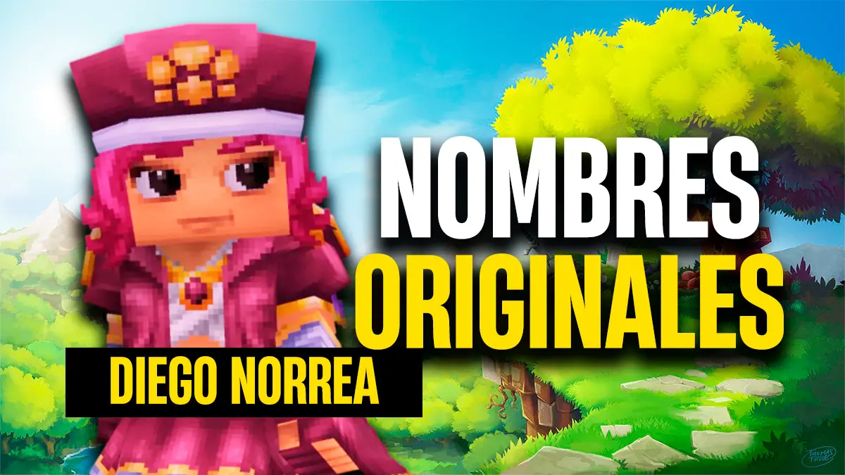 Un personaje de Hytale mirando hacia un bosque con el texto de Nombres Originales superpuesto