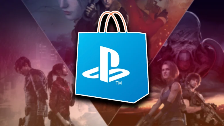 Logo de PS Store sobre una imagen de fondo de Resident Evil Remake Trilogy