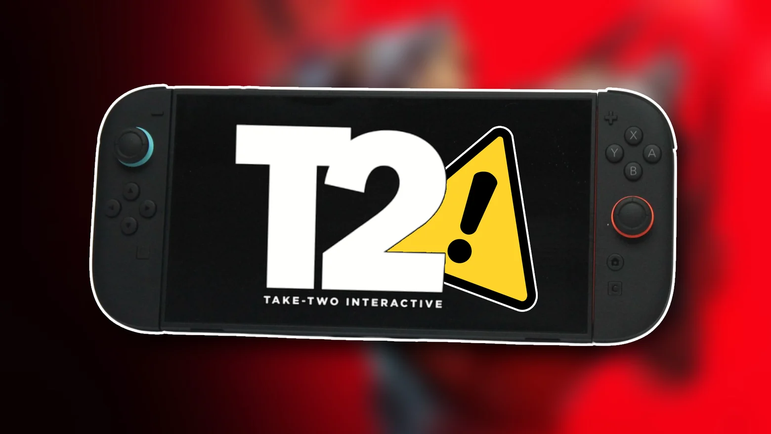Logo de la compañía Take-Two junto a una consola portátil en un entorno oscuro