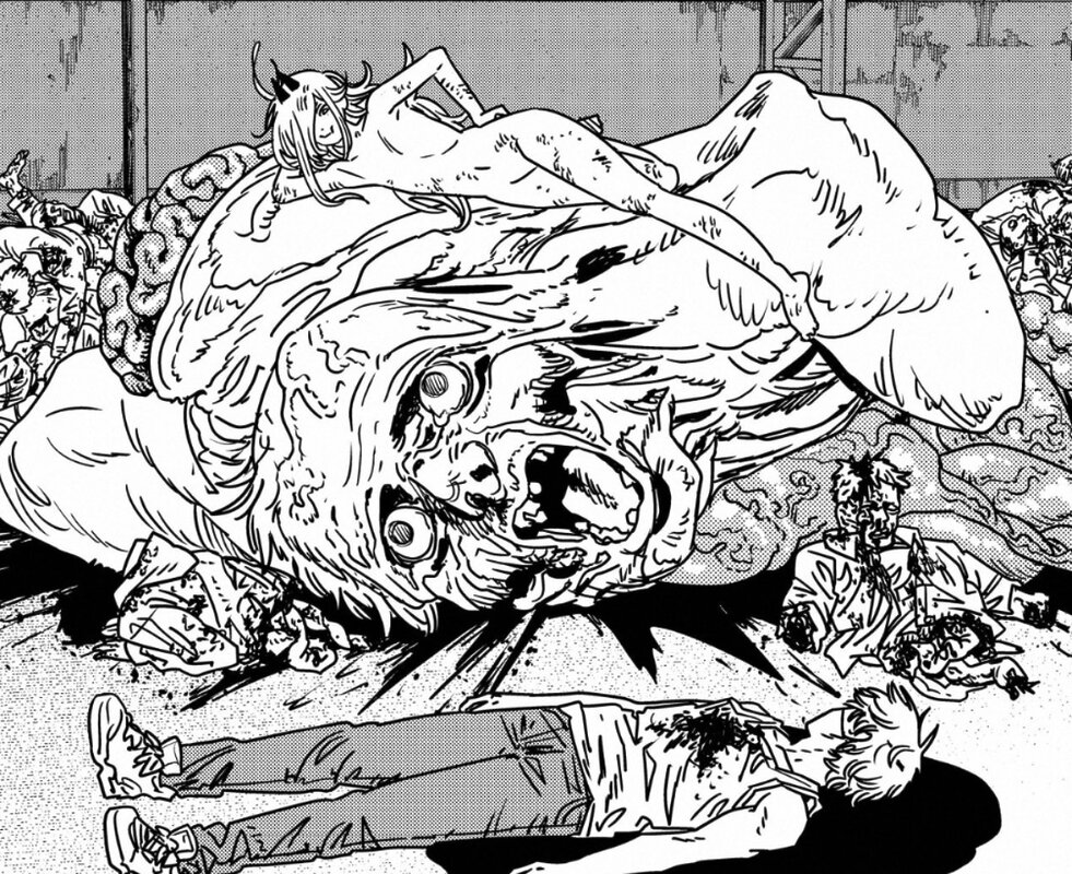 Viñeta del capítulo final de Chainsaw Man, con Power y Denji.