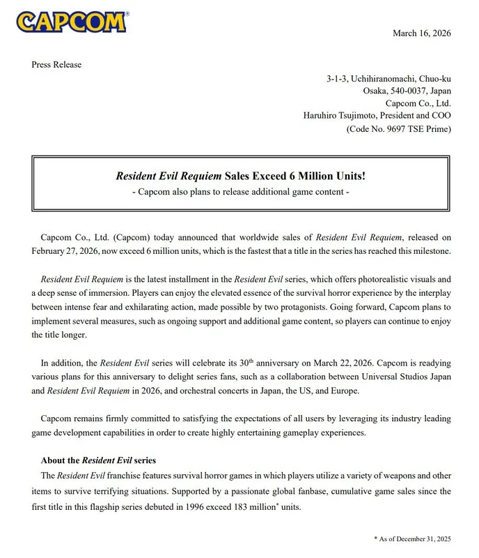 resident evil requiem 6 millones de copias vendidas Resident Evil Requiem 6 millones de copias vendidas