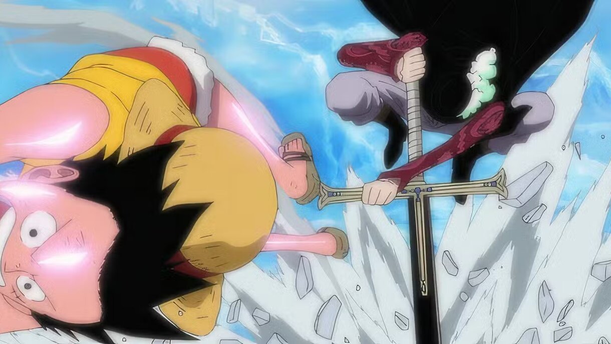 Mihawk atacando a Luffy en One Piece