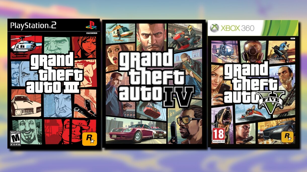 Portadas de GTA III, GTA IV y GTA V