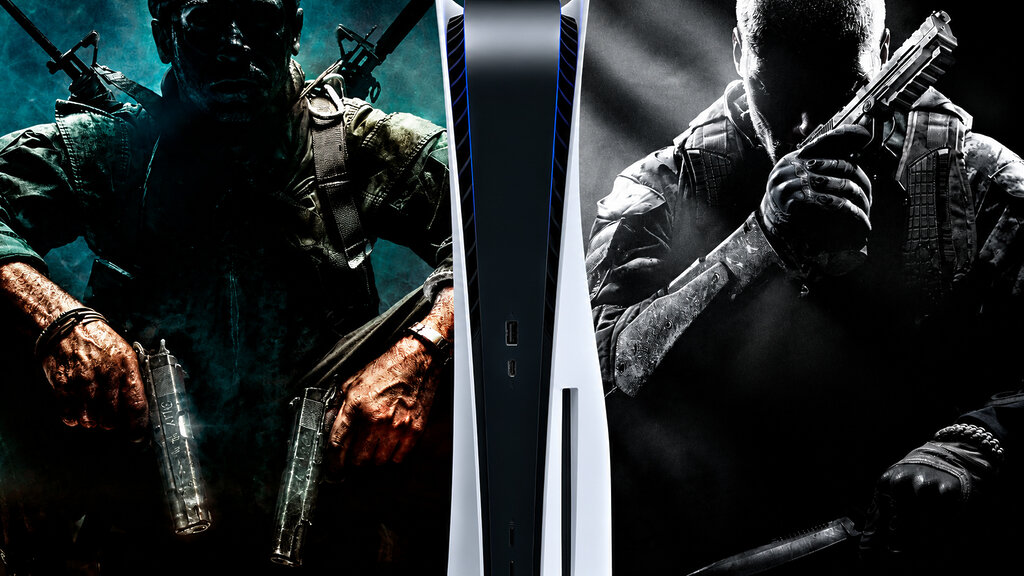Consola PS5 entre dos soldados armados de Black Ops 1 y 2 en una imagen promocional oscura y cinematográfica de videojuegos de acción