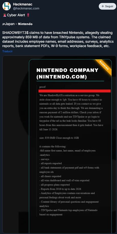 "Queremos 2 millones de dólares": un grupo de hackers asegura haber comprometido sistemas de Nintendo