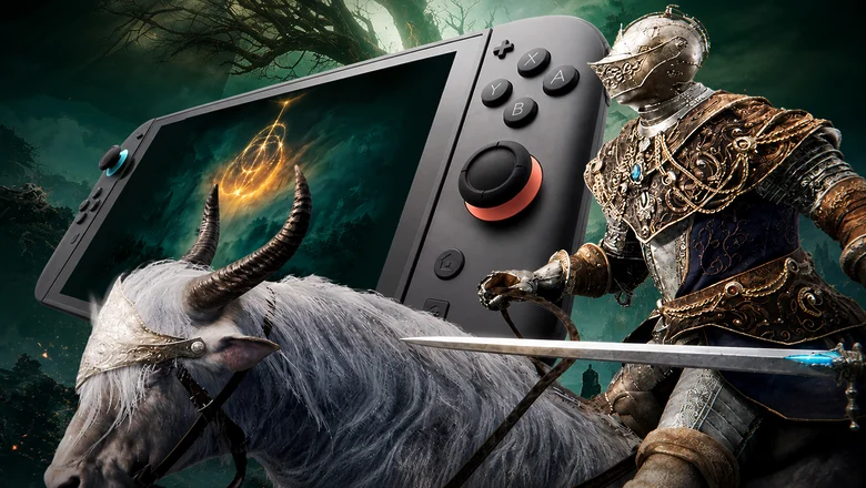 Personaje de Elden Ring junto a una consola Nintendo Switch 2 que muestra el arte oficial de Elden Ring