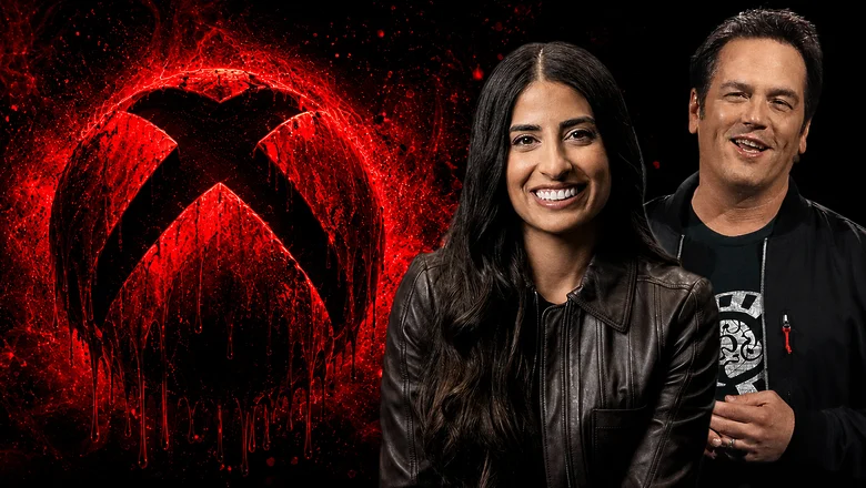 Logo de Xbox con estética oscura y roja junto a Asha Sharma y Phil Spencer, en una imagen que representa la crisis interna de Xbox y la oleada de despidos en Microsoft Gaming