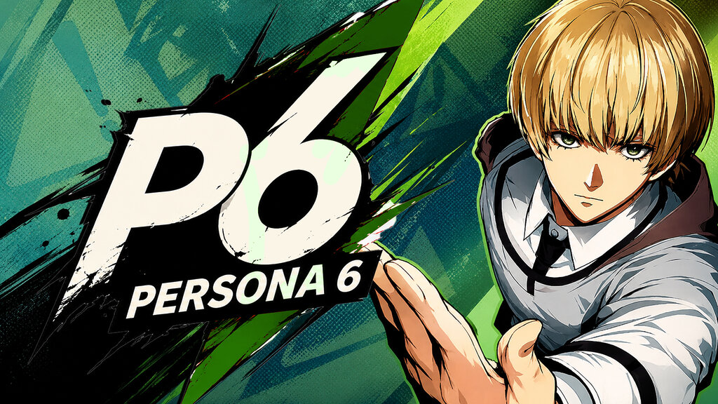 Logo ficticio de Persona 6 junto al diseño filtrado de su protagonista