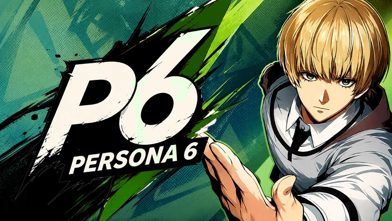 Logo ficticio de Persona 6 junto al diseño filtrado de su protagonista