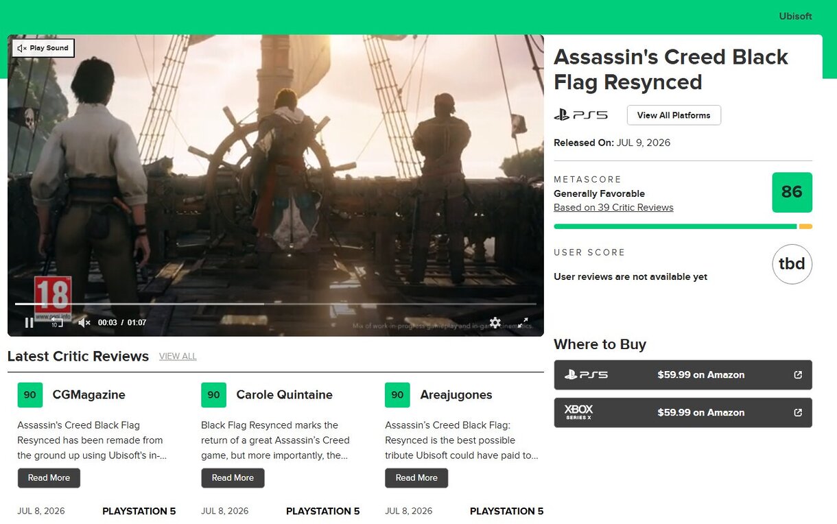Assassin’s Creed: Black Flag Resynced empieza julio de la mejor manera y su nota en Metacritic ya lo coloca como el juego mejor valorado del mes