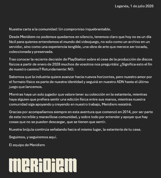 El comunicado de Meridiem Games
