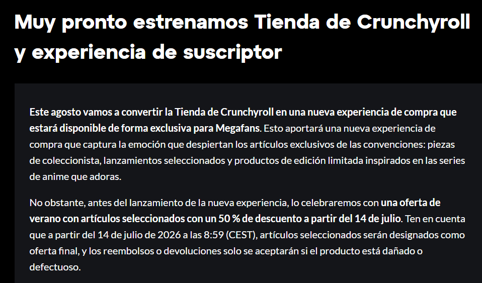 La tienda de Crunchyroll quedará reservada para los suscriptores Mega Fan